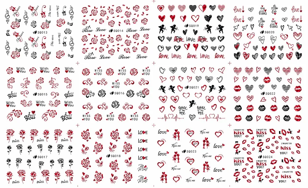 

UPRETTEGO 12 PACKS/ LOT SELF ADHENSIVE 3D NAIL ART NAIL SLIDER STICKER VALENTINE LOVER SWEET HEART ROSE KISS CUPID SQ013-024