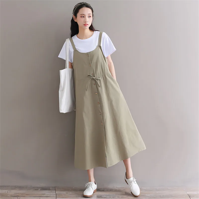 

Spring Summer Women Spaghetti Strap Long Dress Casual Loose Cotton Mujer Vestidos Longo Sleeveless Vintage Solid Mori Girl Dress