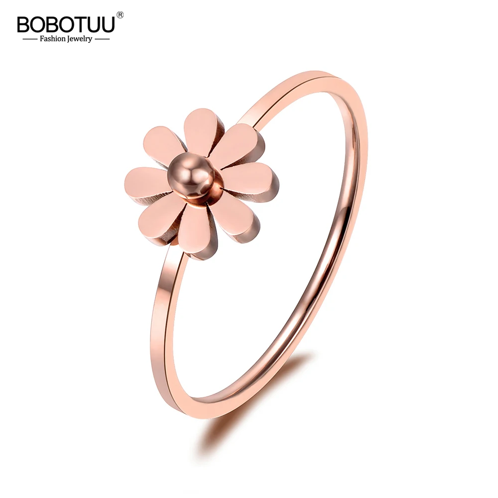 

BOBOTUU Trendy Simple Daisy Ring Stainless Steel Jewelry Rose Gold Color Cute Style For Girl Christmas/new Year Gift BR18138