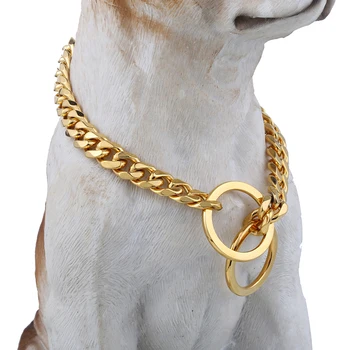 

Gold 316L Stainless Steel Dog Chain Training Choker Collar For Pet Puppy Cut Curb Cuban Link Length 18inch 11mm DDC05