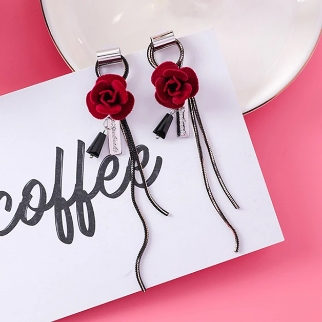 

2017 Attractive Vintage Rose Flower Dangle Earrings For Women Simple Alloy Chain Tassel Earrings Pendientes Mujer Moda