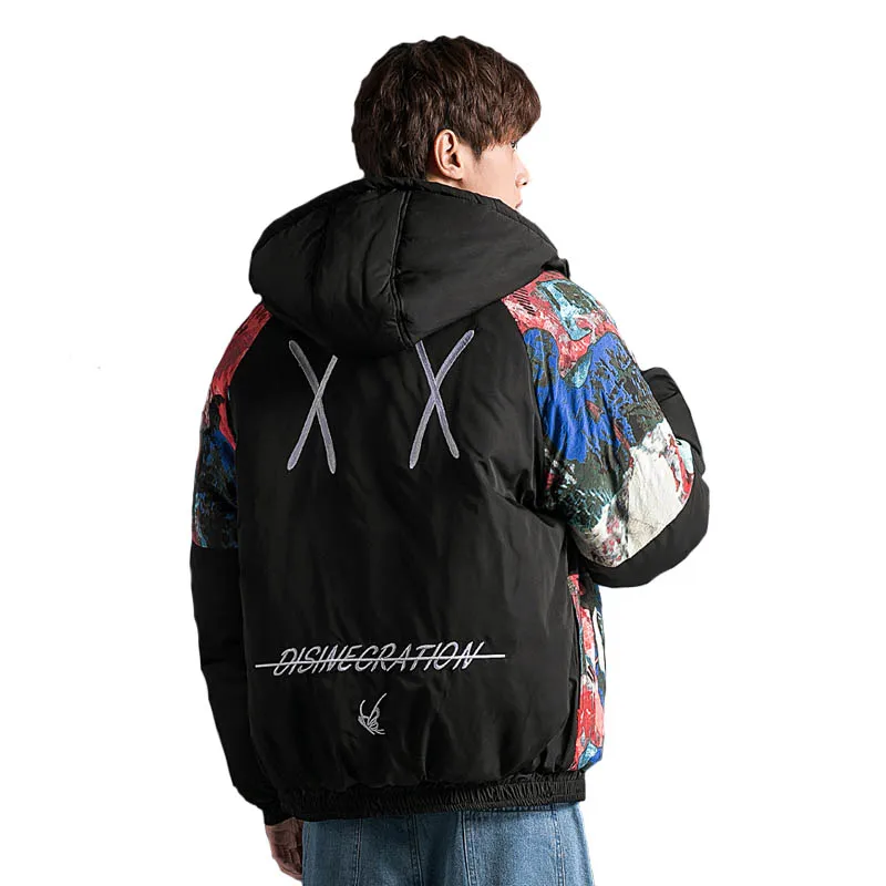 

2018 Winter New Casual Men's Loose hooded Parkas jacket X X Embroidery Print Cotton Wadded CoatsThick Outerwear