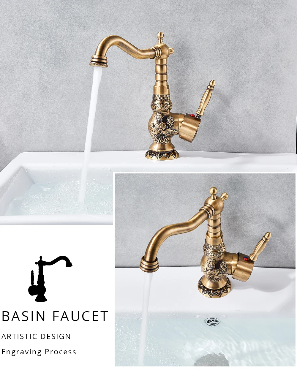 Antique Brass Bathroom Basin Faucet Flower Carved Vessel Sink Mixer Tap Drainer 