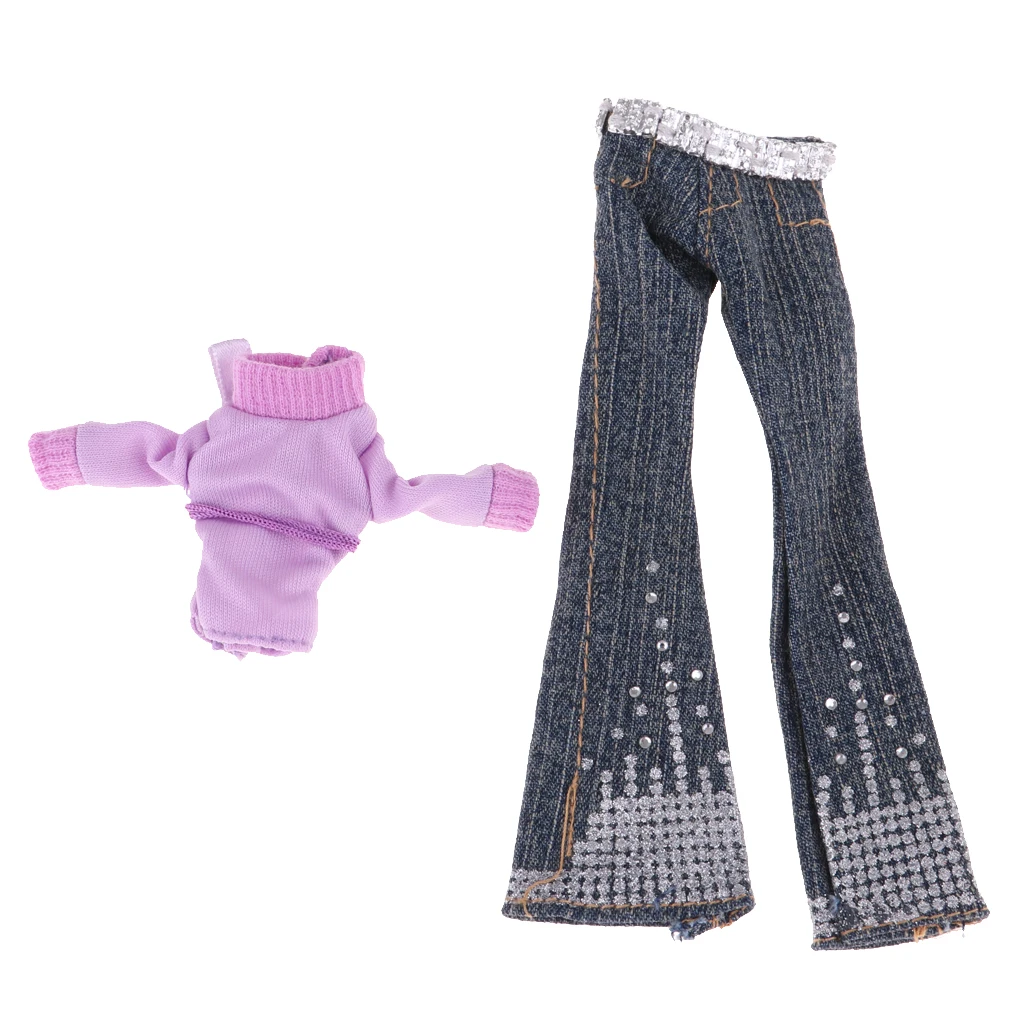 2pcs Doll Clothes Suit Purple Top & Denim Trouser For 1/6 Monster High Doll Accessories Doll Clothes Sets