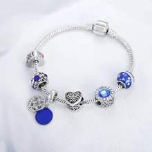 Цвет серебра талисман браслеты с ключом синий кристалл сердце цветок шарик для женщин подходит бренд браслет ювелирные изделия подарок дропшиппинг