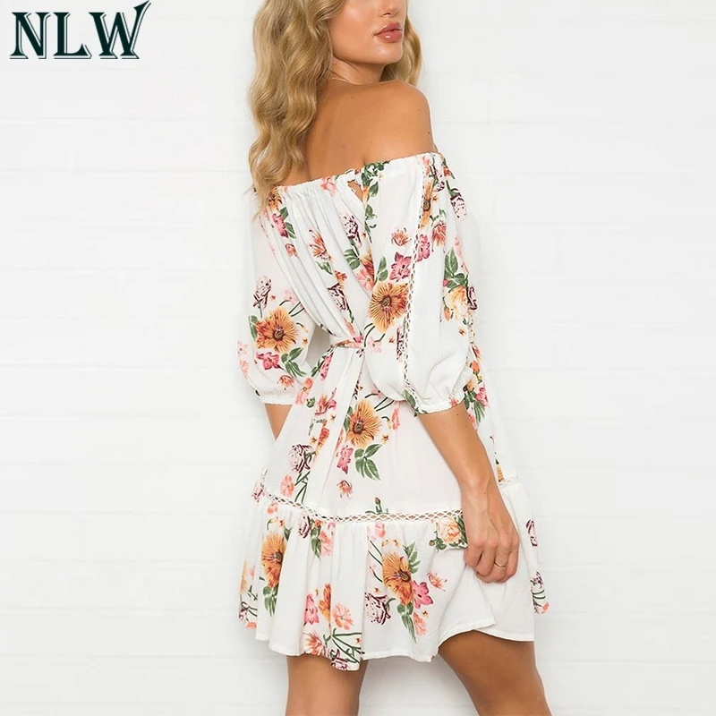 

MLW White Flower Off Shoulder Mini Dress Short Sleeve Hollow Out Summer Dress 2018 Women Beach Party Dress Boho Femme Vestidos