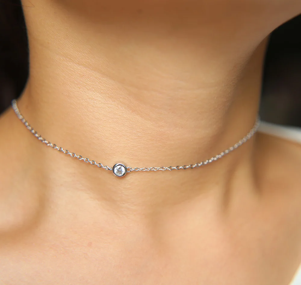 

SPARKING round cubic zirconia bezel setting choker necklace Fashion jewelry high quality single stone danity girl chain necklace