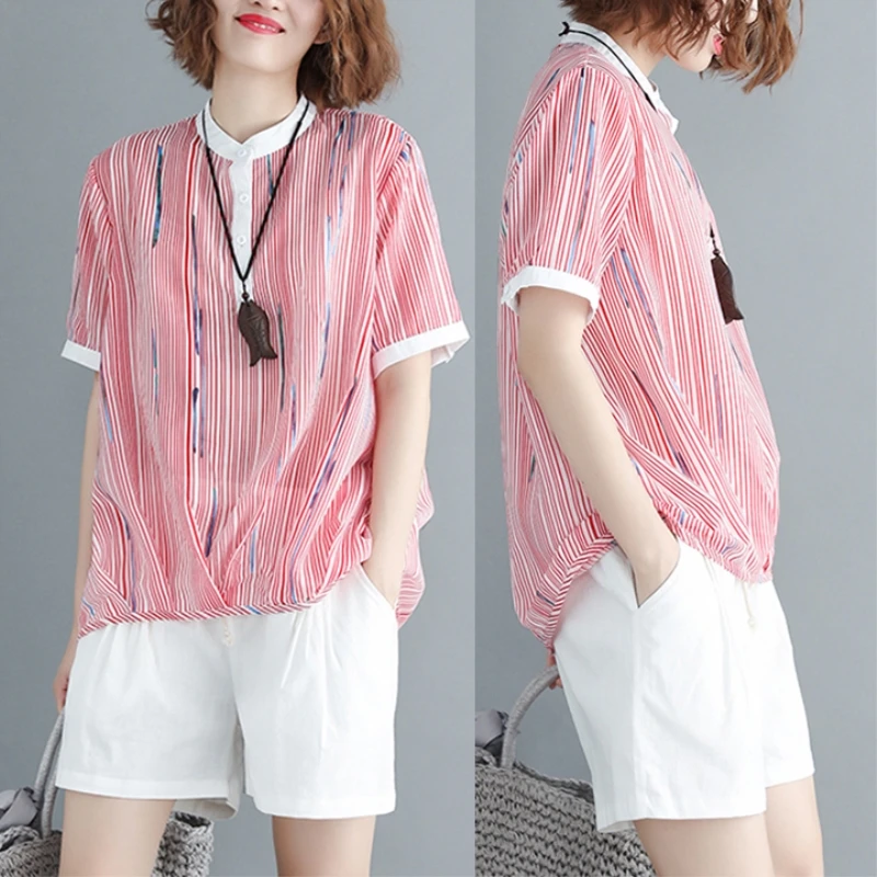 

Women Summer Fashion Brand Loose Striped Pink Short Sleeve T-shirt Female Casual Plus Size 90KG Fat People Slim Fit Tshirts