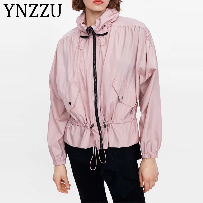 

YNZZU Casual Solid Pink Women's Jacket Sportwear 2019 New Chic Hooded Long Sleeve Loose Female Sunscreen Coat Outwears AO980