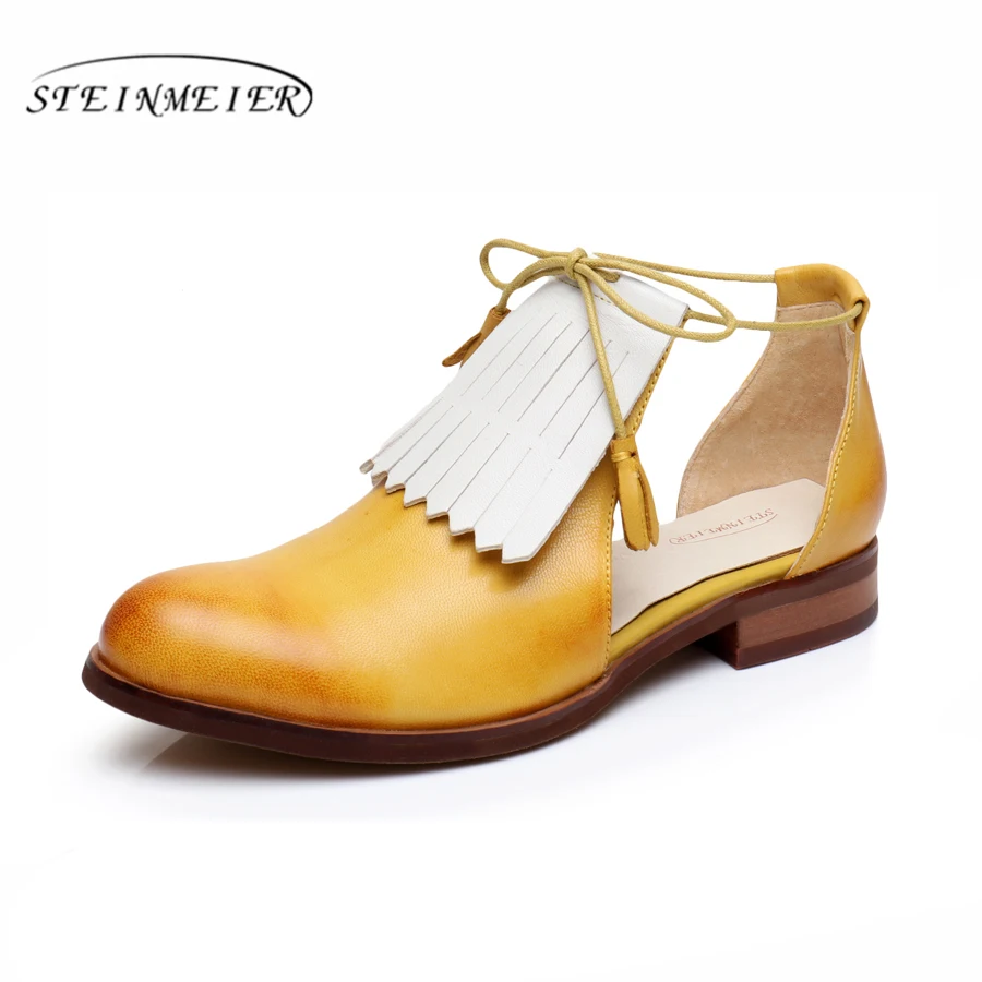 

100% Genuine sheepskin leather brogues yinzo lady flats Sandals shoes vintage handmade oxford shoes for women yellow blue beige