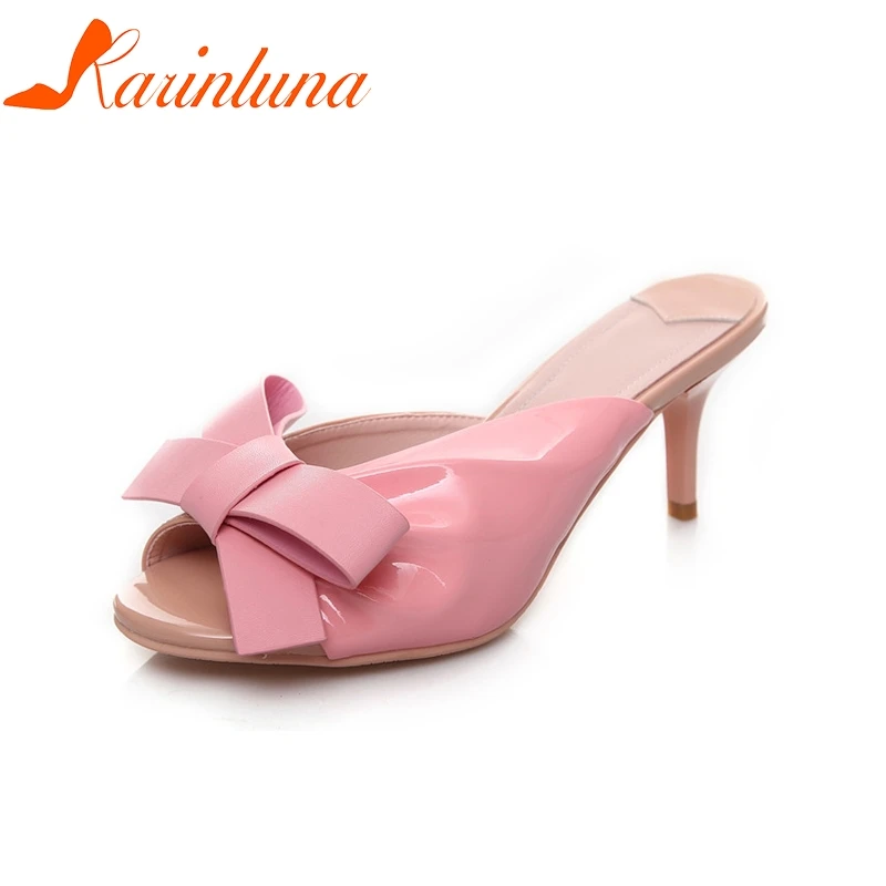 

KARINLUNA Brand New Genuine Leather Thin High Heels Solid Bowtie Shoes Woman Casual Party Summer Pumps White