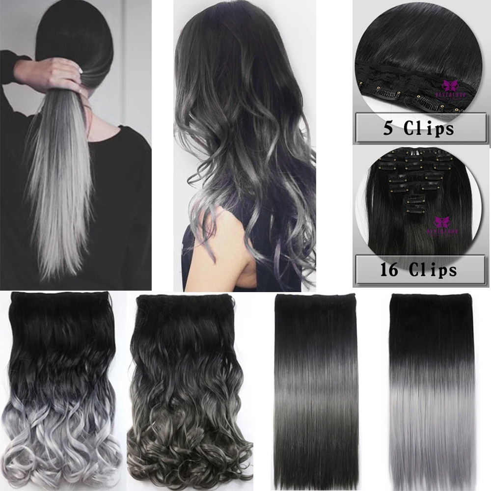 Hot Sale Perak Abu Abu Ombre Klip Warna Rambut Ekstensi 2 Gaya 5