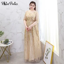 Элегантное ТРАПЕЦИЕВИДНОЕ платье в пол, расшитое блестками кружевное Золотое платье для выпускного вечера длинного размера плюс Платья для особых случаев