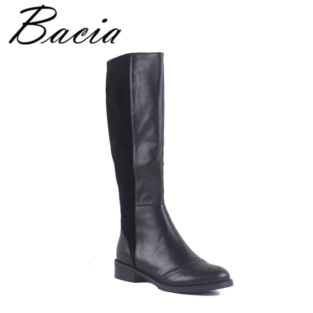 

Bacia 100% Natural Leather shoes woman Knee-High Round Toe Square Women Boots Winter Warm Wool Fur Snow Boots Size 35-41 MC019