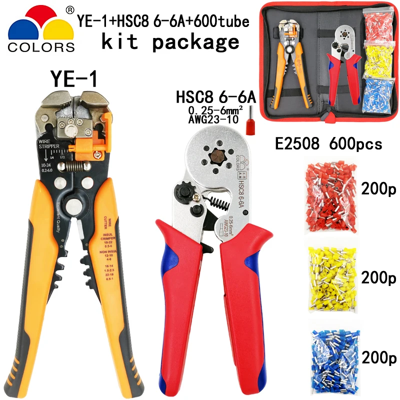 

COLORS Kit HSC8 6-6A crimping pliers and Y1 multifunctional stripping cutting wire plier suit tube terminal brand tools set