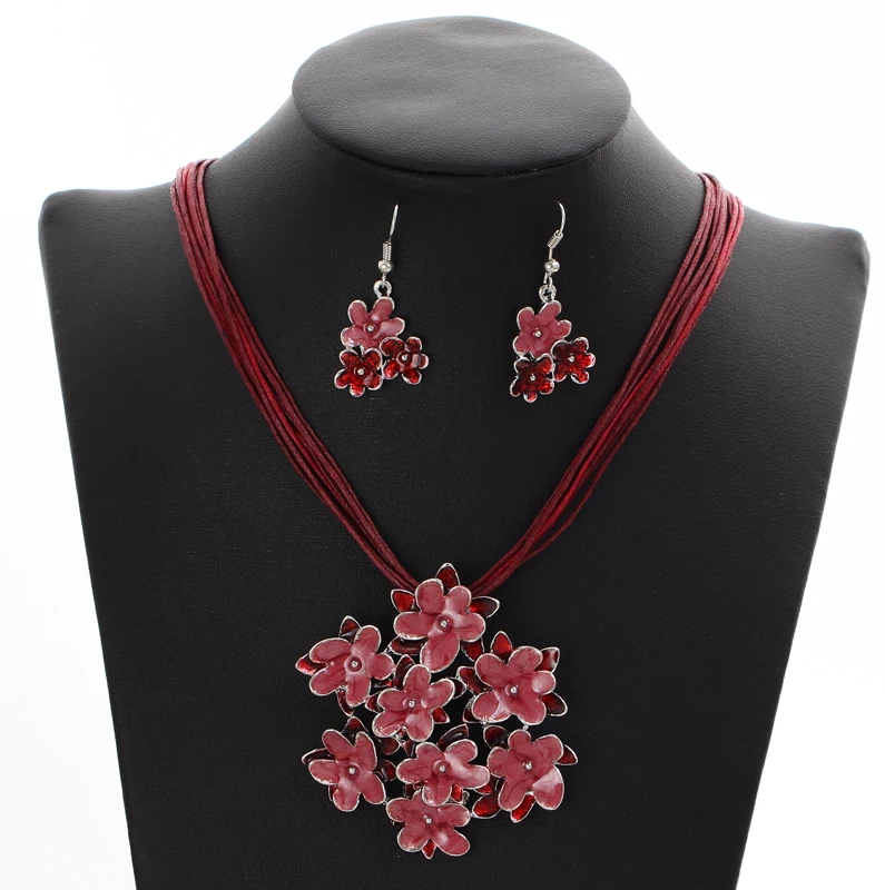 ZOSHI, новинка, модный винтажный ювелирный набор, многослойный веревочный цветочный кулон, ожерелье, висячие серьги, набор женских ювелирных изделий