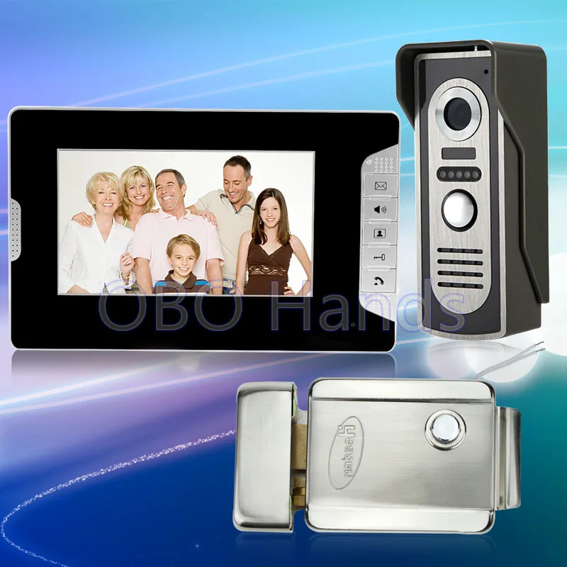 

New 7'' wired color video door phone intercom doorbell system kit set with IR outdoor camera+black monitor+metal electric lock