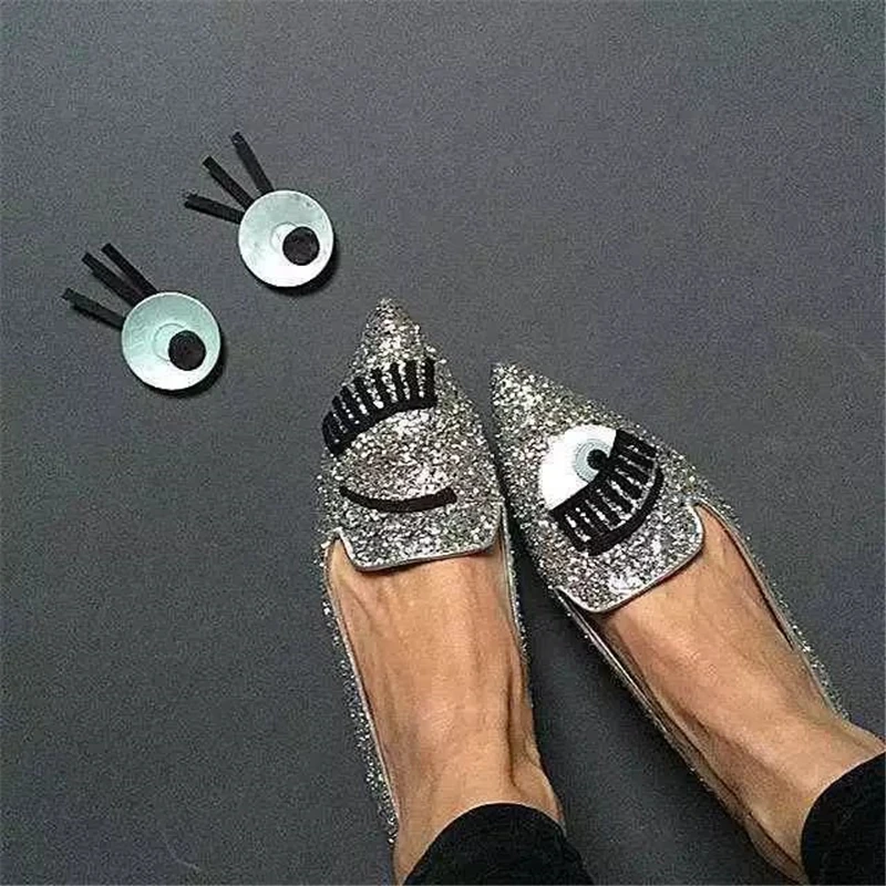 

Silver Glitter Big Eyes Pointy Toe Flats Spring Summer Follwwith Brand Women Shoes Flats & Loafers Ladies Slip on Shoes Woman