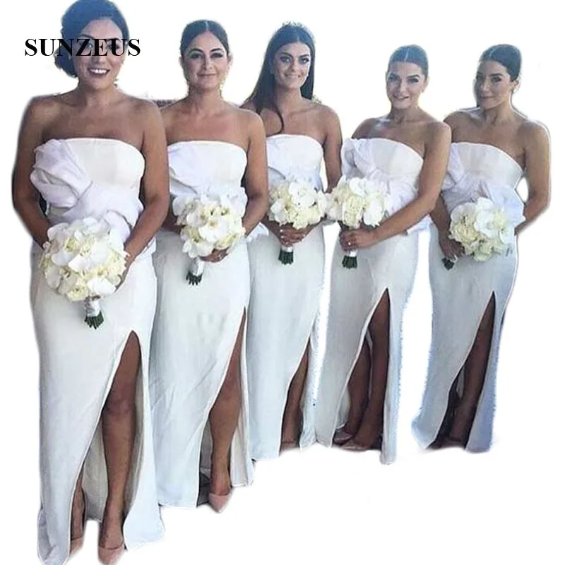 High Leg Slit Party Dresses Strapless Ivory Jersey Bridesmaid Dresses