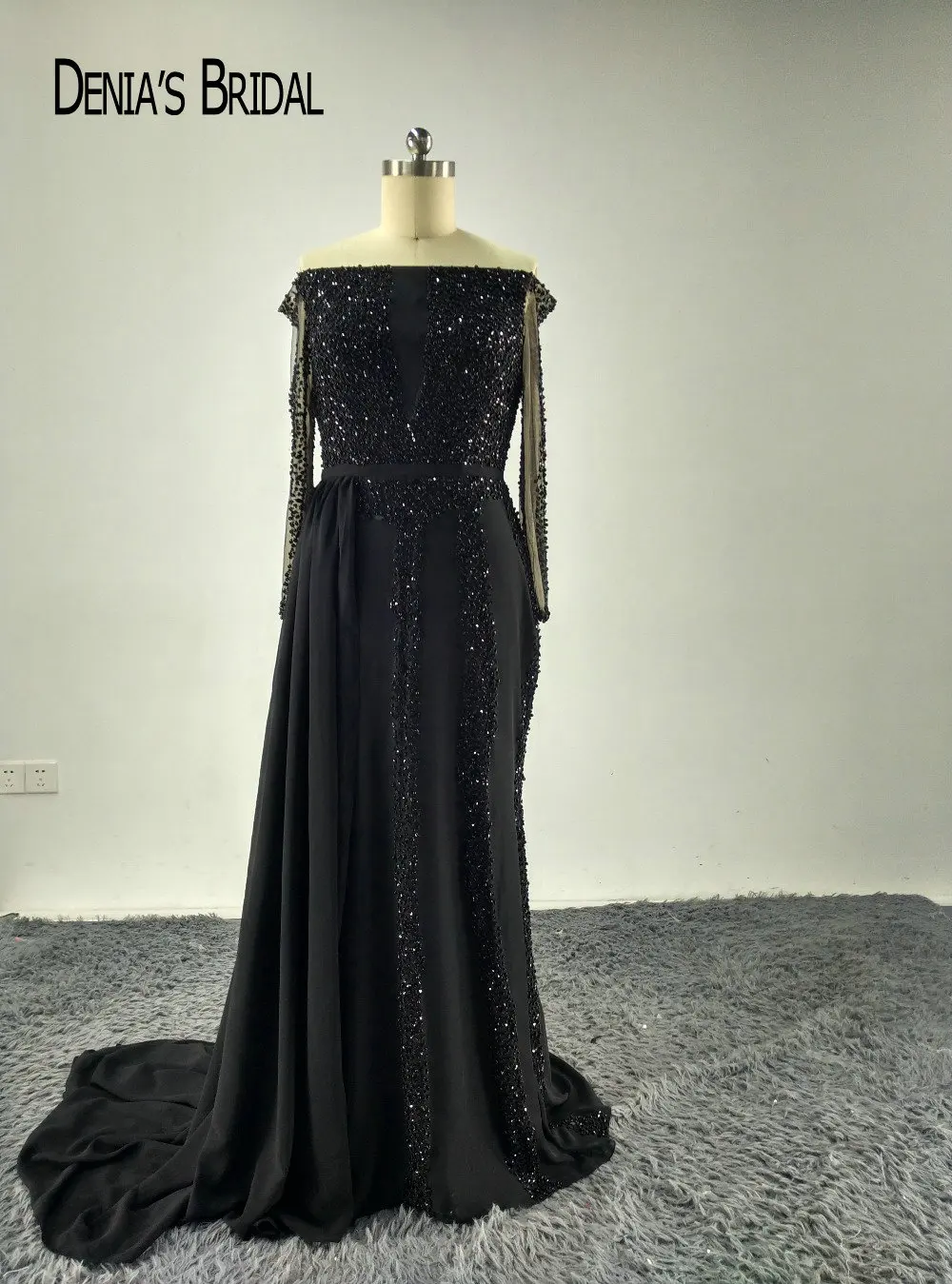 Мода черный с плеча длинный рукав с бисером Русалка Формальные Вечерние платья со шлейфом