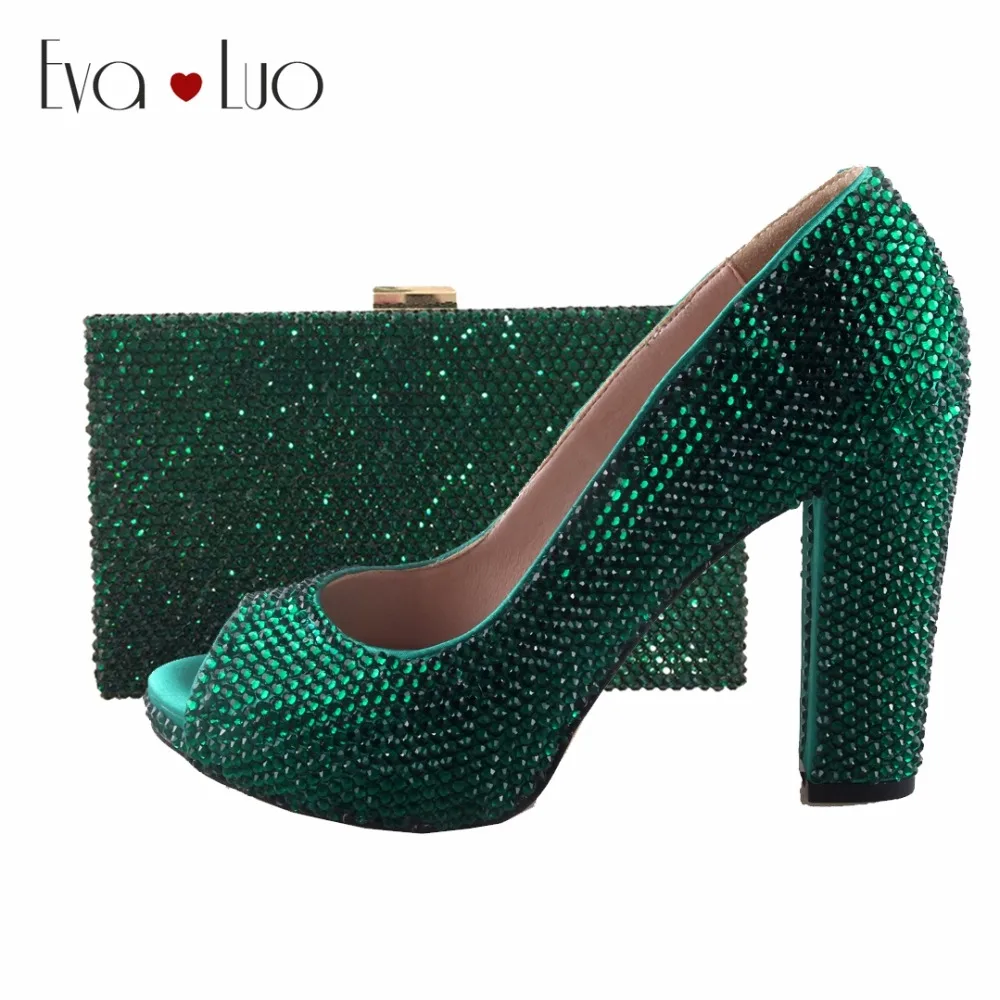 

BS891 DHL Custom Made Green Crystal Italian Shoes With Matching Bag Set Block Heel Open Toe Women Shoes Dress Pumps