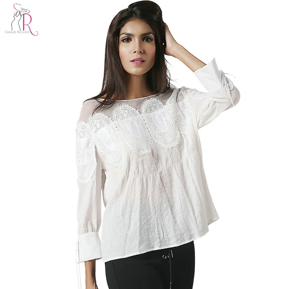 lace round neck plain three quarter sleeve blouse