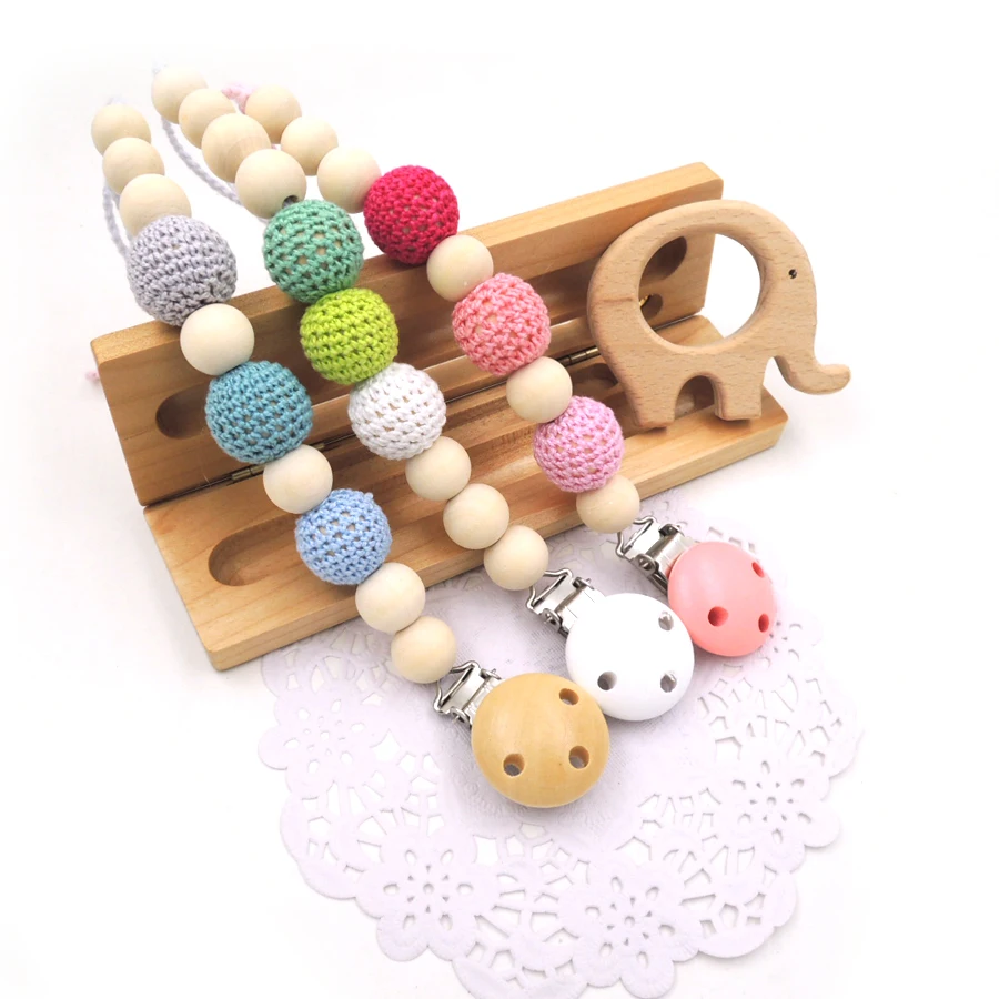 Set of 3 pink blue green baby toy pacifier clip + one elephant teether dummy holder natural color baby girl gift NT179