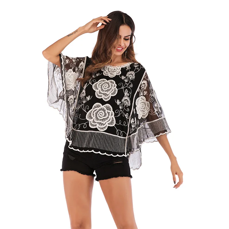 

WHZHM Elegant Big Size Half Batwing Sleeve Womens Tops and Blouses Ladies Casual Bluse Female Flower Lace Summer Loose Tops 5973
