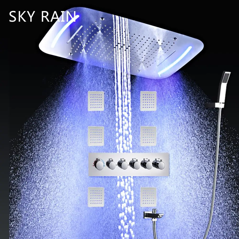 

SKY RAIN Bathroom Accessories Luxury Style Thermostatic Mixer Valve Large LED Shower Faucet Multi Function Shower Set With Jets