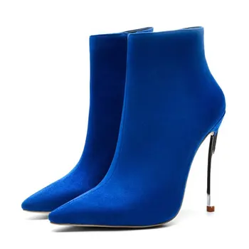 

Extremely 12 cm metal high heels short botas 2018 new design night club blue red pointy toe ankle boots for women winter shoes