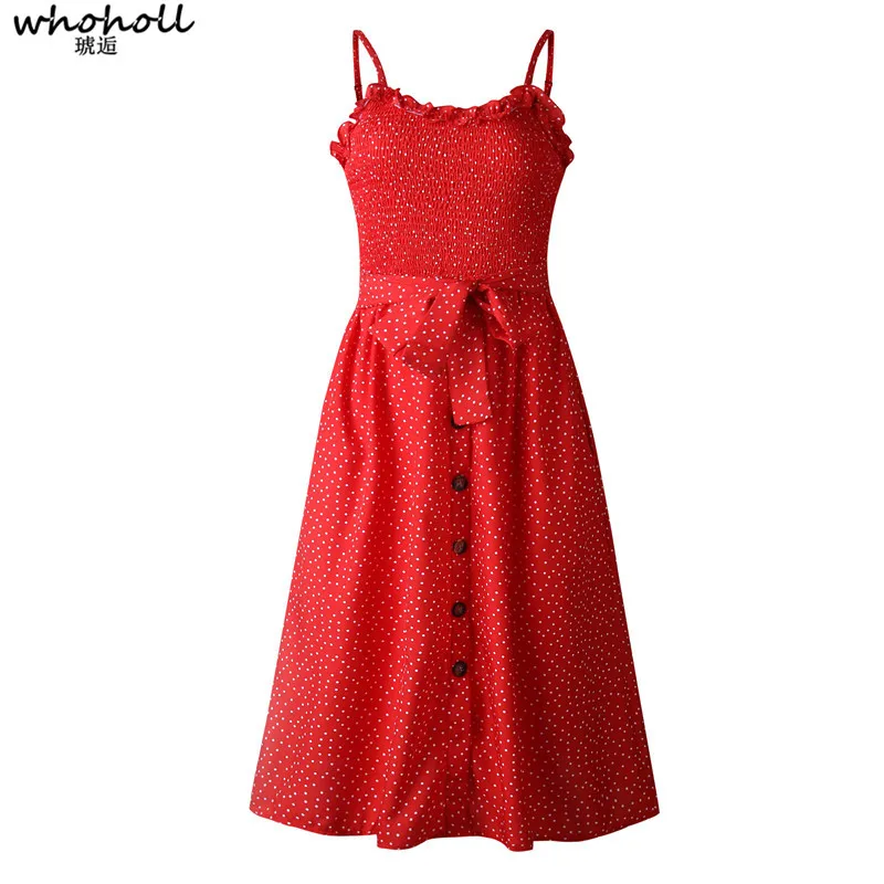 

WHOHOLL Sashes Polka Dot Print Sundress Women Spaghetti Strap Ruffle Tied Bow A-Line Dress Button Backless Summer Beach Dresses