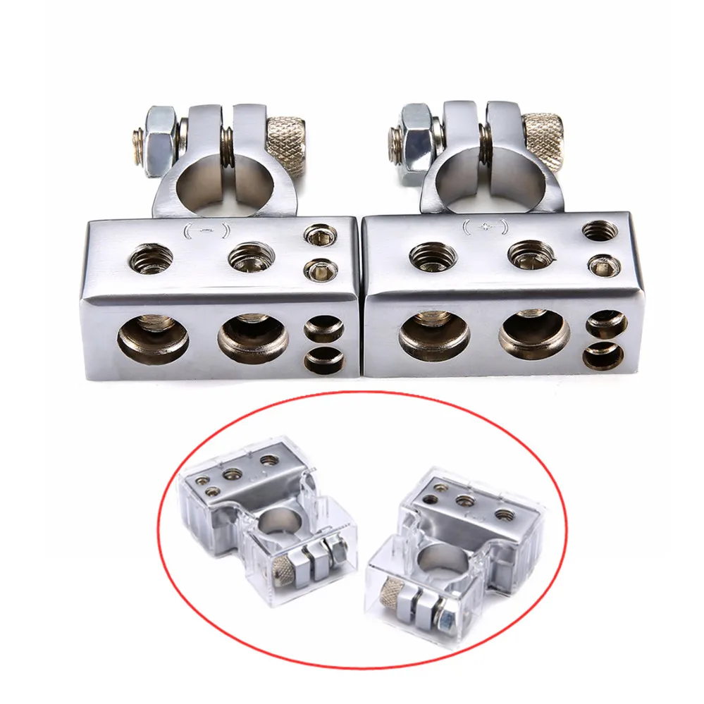 

1 Pair Car Battery Terminal Set Silver 2 4 8 Gauge AWG Positive & Negative Battery Clamp Terminals for Audio Technology