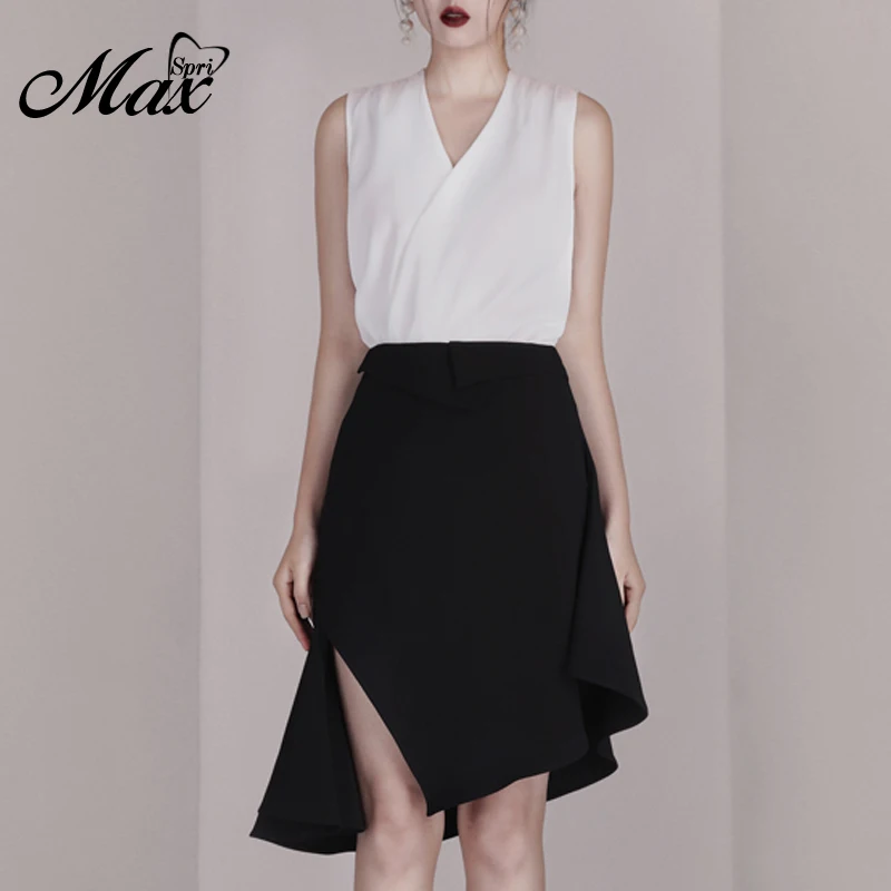 

Max Spri 2019 New Women Two Piece Sets Fashion V Neck Sleeveless White Top Sexy Office With Midi Black Skirt Casual Sets