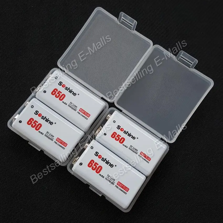 4 Pieces Soshine 9V battery 650mAh Rechargeable Battery 9v li-ion battery 9v bateria with Battery Protective Box