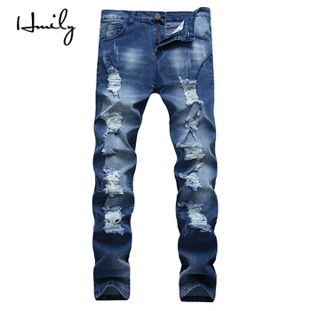 

HMILY New Mens Jeans Hole In Knee Jeans For Men Trousers Skinny Pants Male Clothes Blue Color Stretch Hip Hop Streetwear