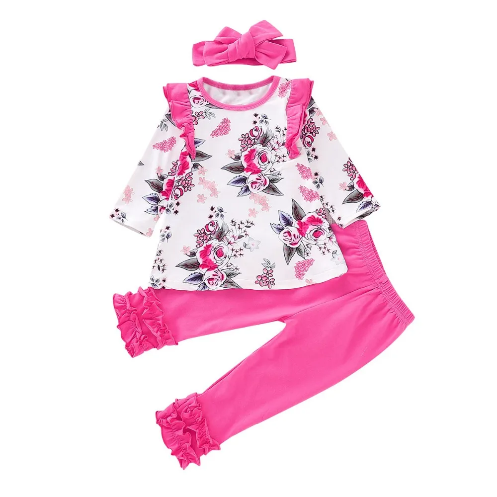 Puseky Baby Girls Floral Ruffle Tops T Shirt Pants Headband 3pcs Cotton Cute Set Newborn Infant Kid Baby Girl Clothes Sets 0-24M