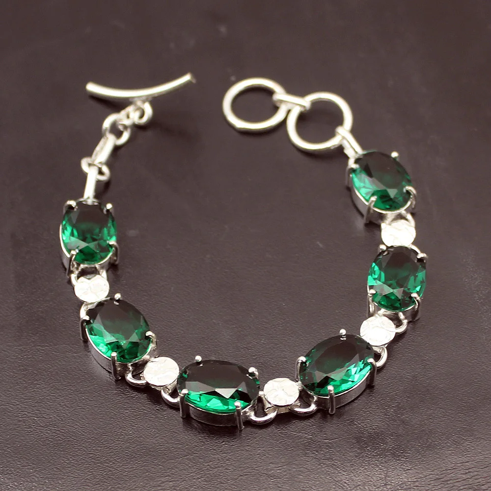 

Hermosa Glowing Natural Green Topaz925 Sterling Silver Chain Links Bracelet For Women 7.5 Inch A250