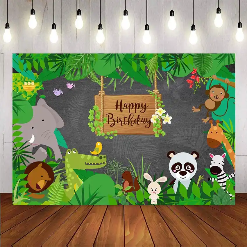LB Forest Safari Backdrops for Photography 7x5ft Jungle Animals Spring Green Tree Flowers Background Kids Children Birthday Party Banner Portrait Photo Studio Shooting Props CL1144