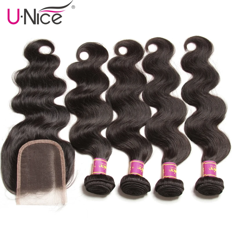

Unice Hair Indian Body Wave 4 Bundles With Closure Natural Color 100% Human Hair With Lace Closure Bundle Deals Remy Hair Weave