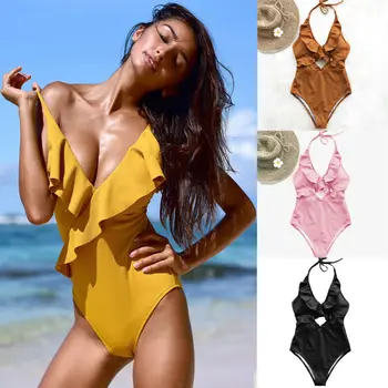 

2019 Women One Piece Bikini Ruffle Swimwear Halter Bodysuits Hollow Push up Padded Beachwear Playsuit 4Colors Plus Size S-2XL