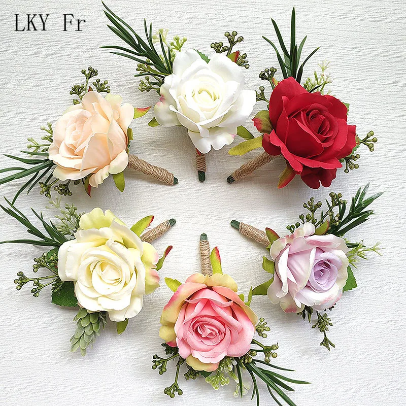 

LKY Fr Boutonniere Flowers Wedding Corsage Pin Groom Boutonniere Buttonhole Silk Rose Wedding Wrist Corsage Bracelet Bridesmaid
