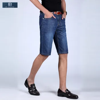 

[EL BARCO] 2017 New Hot Cotton Denim Shorts Men Casual Bermuda Knee-Length Scratched Pockets Blue Male Shorts Jeans Plus Size