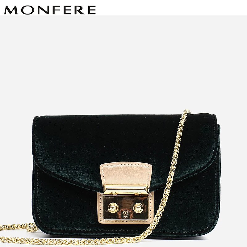 

MONFERE Messenger Bags Small Women 2018 Purses and Handbags Ladies Metal Chain Velvet Sling Bag Mini Cover Flap Lock Box Bagbag