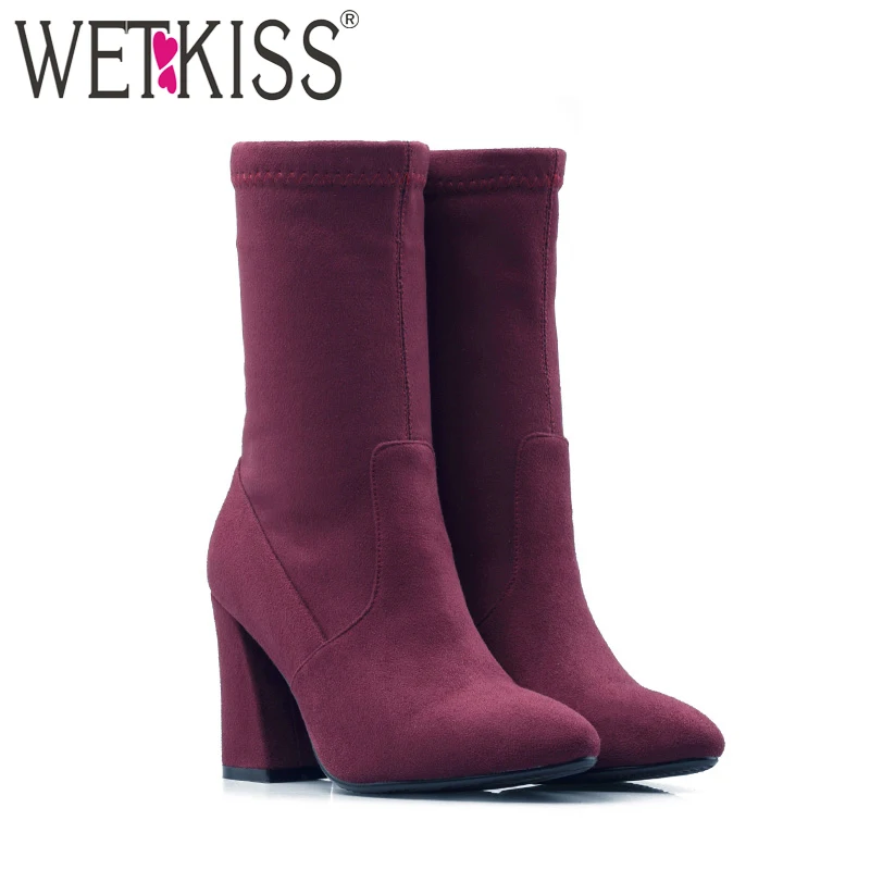 

WETKISS 2019 Latest Fashion Woman Sock Boot Flock Thick High Heel Lady Ankle Boot 6 Colors Women Shoes Female Big Size 33-46