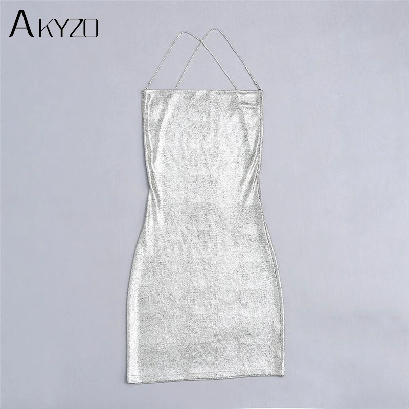 AKYZO, сексуальное бронзовое серебряное мини-платье, женское модное облегающее платье на бретельках с открытой спиной, вечерние платья для ночного клуба
