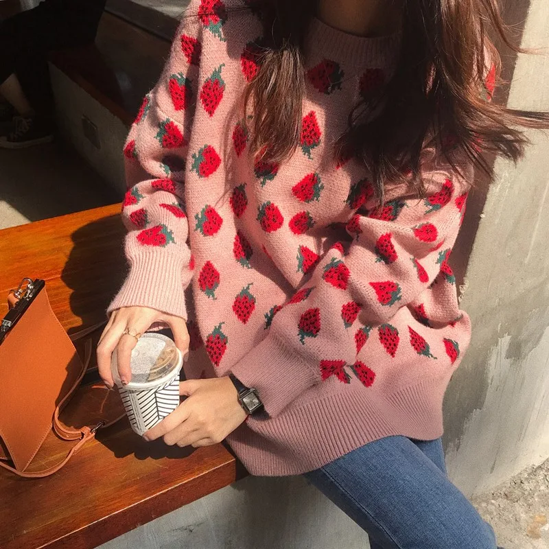 

Korea Ulzzang Sweet Strawberry Print Knit Sweater Female Cute Casual Fashion O-neck Long Sleeve Loose Large Size Ins Sweater