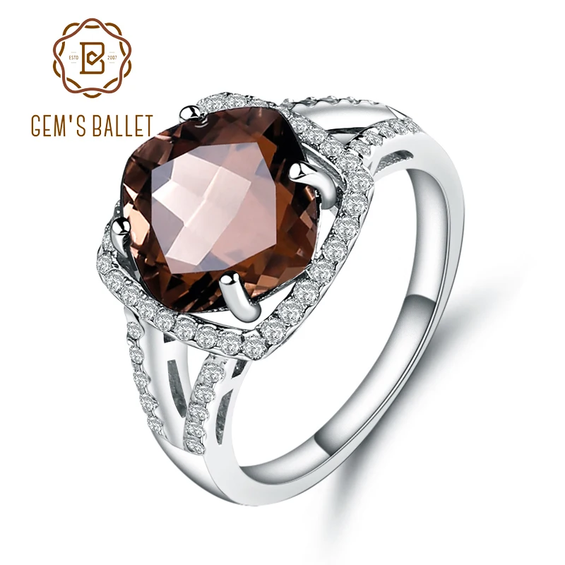 Gem's Ballet 4.40Ct Подушка природный дымчатый Ювелирное кольцо с кварцем для женщин стерлингового серебра 925 Коктейльные кольца ювелирные украшения