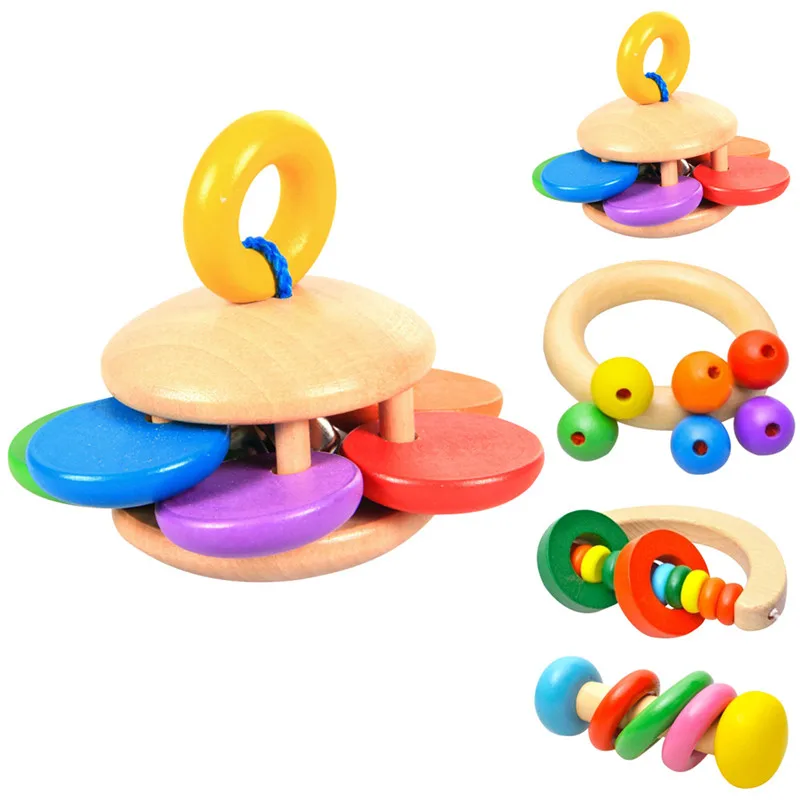 Wooden Bell Rattle font b Toy b font Baby Handbell Musical Educational Instrument Rattles Children Geometric