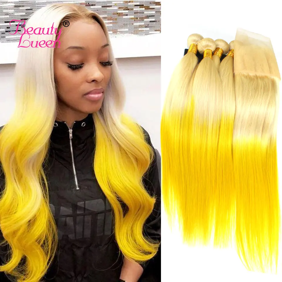 

Ombre Blonde Bundles With Frontal T613/Yellow Straight Colored Bundles With Frontal Remy Ombre Brazilian Hair Weave With Closure