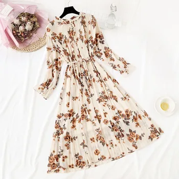 

Women Print Pleated Retro Chiffon Dresses 2019 Spring Summer New Fashion Casual Flare Sleeve Lotus leaf neck Basic Dress ZX152